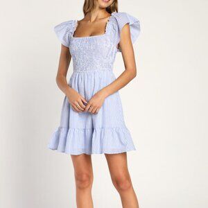 Lulus Seer Delight Blue Striped Smocked Ruffled Mini Dress - Size L